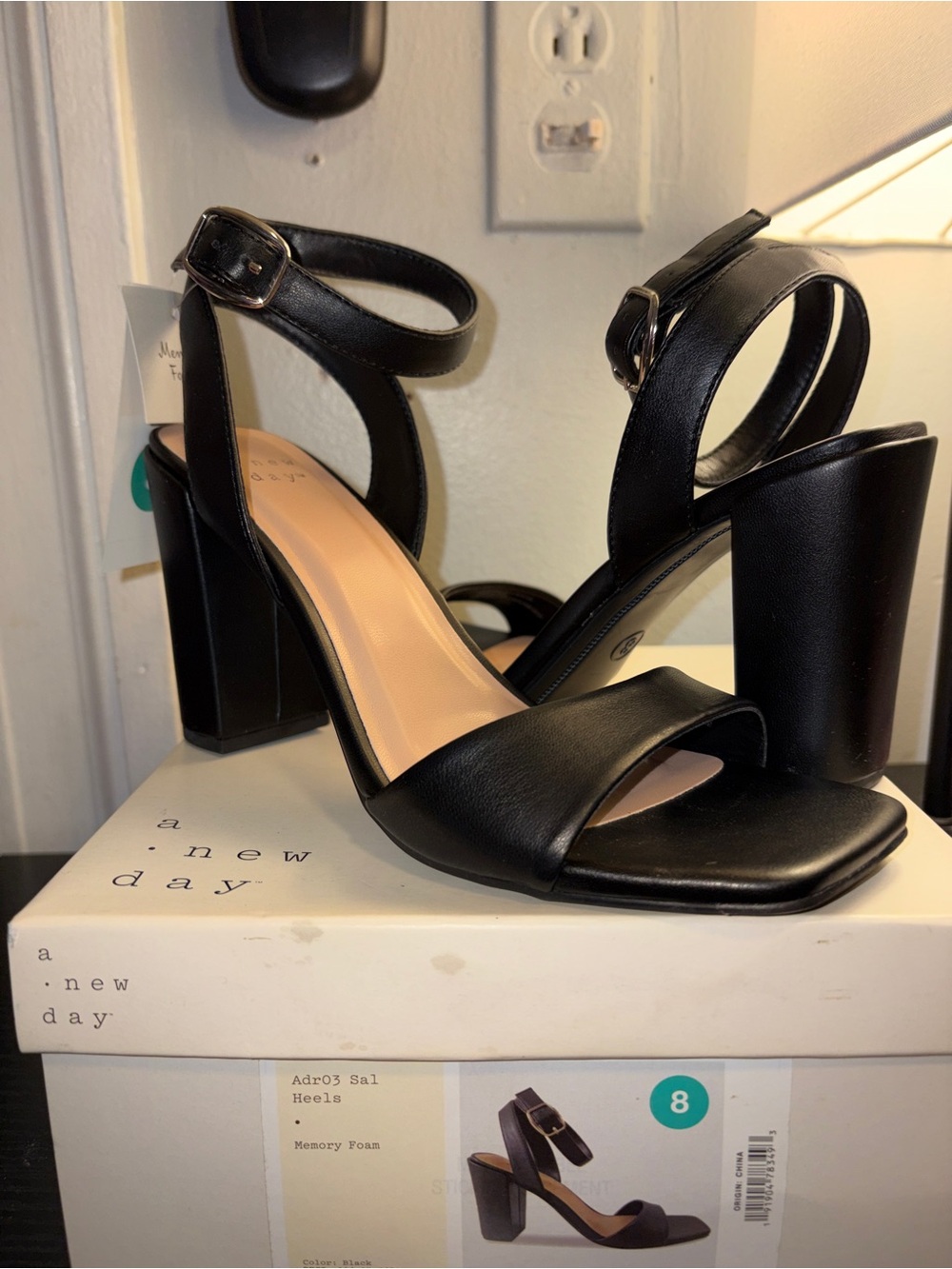 a new day Black Block Heel Sandal with Ankle Strap and Square Toe